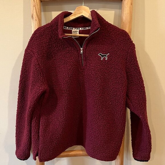Victoria's Secret PINK Half Zip Sherpa Pullover with Pockets in Burgundy - Picture 1 of 5
